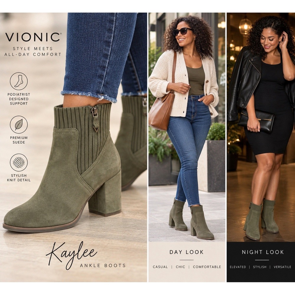 Vionic Kaylee Suede Knit Ankle Boots Olive Green Women's 6.5 MSRP $168